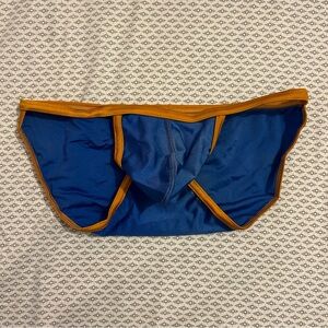 N2N Bodywear Blue Orange Trim High Cut Logo Bikini Pouch Briefs Size Large NWT
